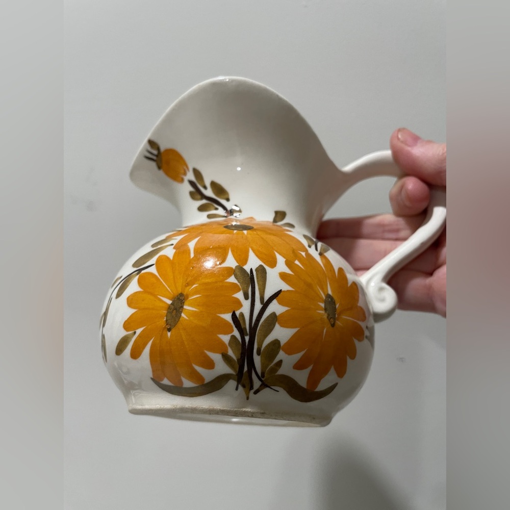 Vintage Handmade White Ceramic Creamer with Orange Floral Design - RARE! - Picture 2 of 9